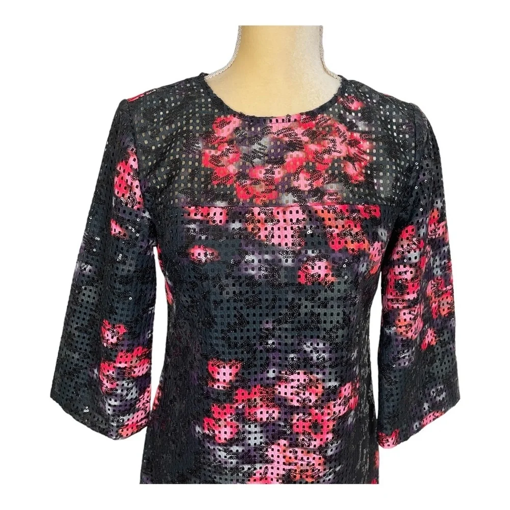 Trina‎ Turk Floral Sequin Party Dress Black Pink 3/4 Sleeves Size 2 Dressy - Picture 5 of 13